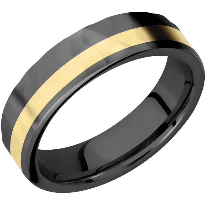 Ladies natural essence rings -6mm wide Flat Black Titanium Ring with Rock Polish Finish / One 2mm Off Center 18k Yellow Gold Inlay