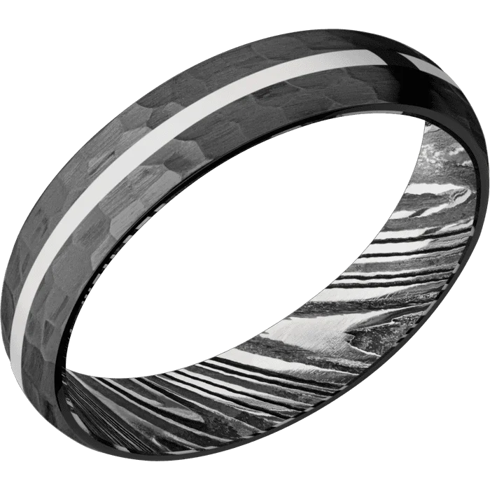 Ladies anniversary sparkle rings -5mm wide Domed Black Titanium Ring with Hammer Finish / One 1mm Centered Platinum Inlay with Polish Finish / Kuro Damascus Steel Sleeve