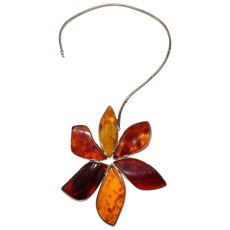 Ladies Necklaces Handcrafted Shine-Amber Flower Necklace Set in Sterling