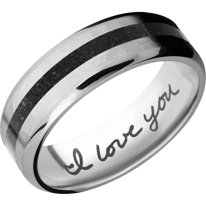 Ladies braided weave rings -7mm wide Beveled Titanium Ring with Hammer Finish / One 2mm Centered Black Dinosaur Bone Inlay / None Interior Pattern