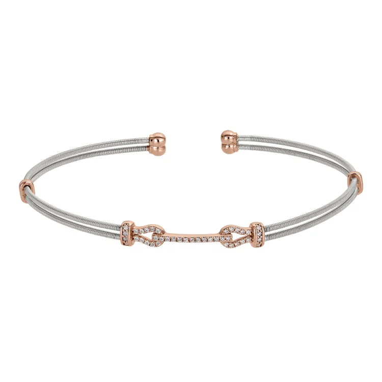 ladies chain bracelets adjustable length -Rhodium Finish Sterling Silver Two Cable Cuff Bracelet with Rose Gold Finish Simulated Diamond Buckle Design