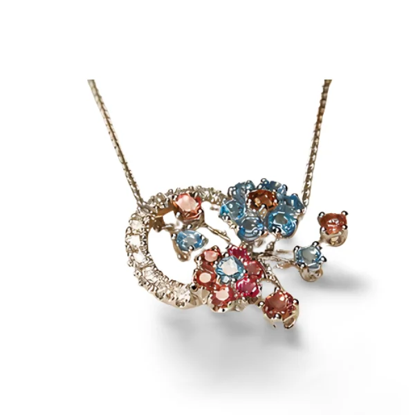 Ladies Necklaces with Grey Labradorite-Magnificent Estate 18K White Gold Tourmaline Topaz Diamond Floral Necklace