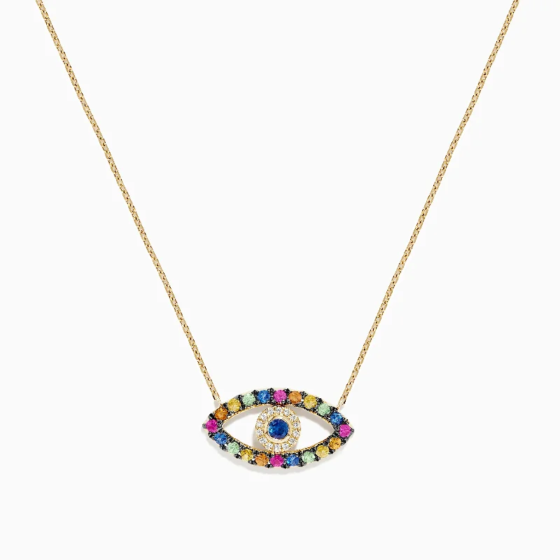 Ladies Necklaces for Travel Spark-Novelty 14K Yellow Gold Multi Sapphire and Diamond Evil Eye Necklace