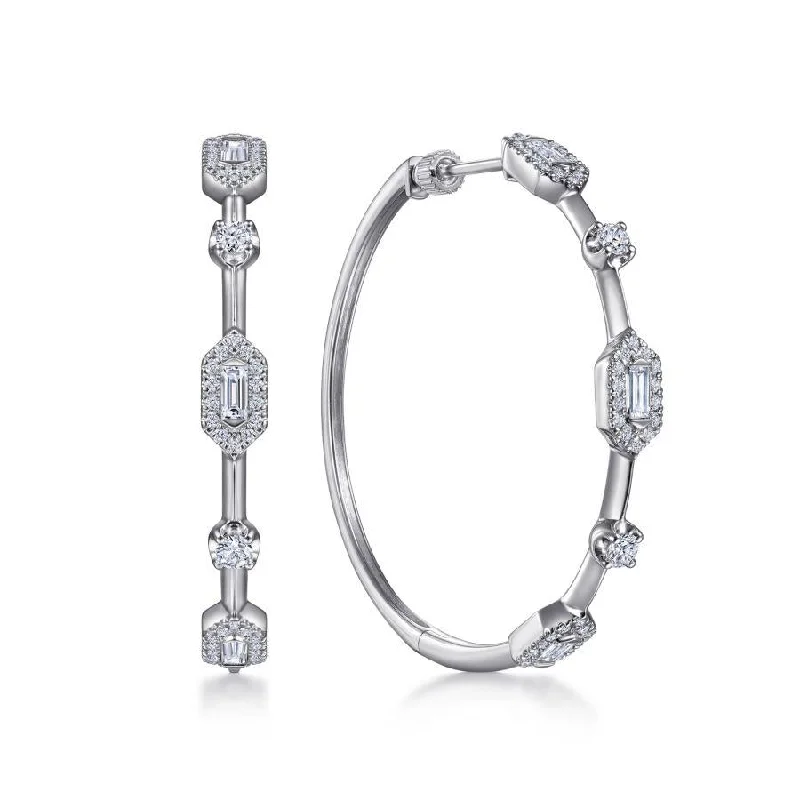 Ladies 10K gold gleam earrings -Gabriel & Co. - EG14276W44JJ - 14K White Gold 40mm Diamond Baguette and Round Station Classic Hoop Earrings