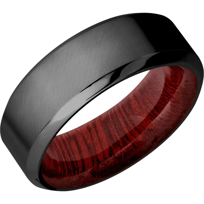 Ladies sunny breeze rings -8mm wide High Bevel Black Titanium Ring with Angle Satin Finish / Blood Wood Sleeve