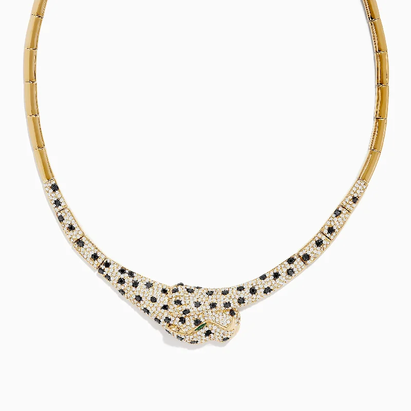 Ladies Necklaces Curved Shine-Signature 14K Yellow Gold Emerald, Black and White Diamond Necklace