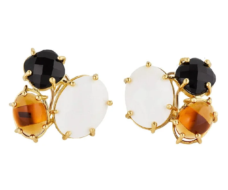 Ladies snowy white earrings -Black Onyx White Agate and Amber Triple Stone Omega Back Earrings in 18K