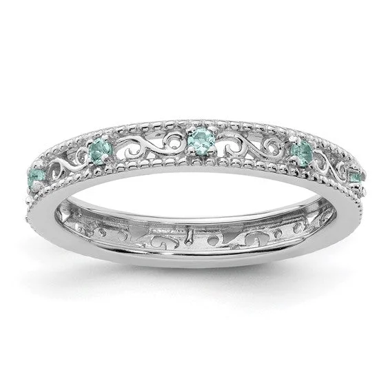 Ladies icy winter rings -Sterling Silver Stackable Expressions Genuine Light Aquamarine Filigree Ring - Size 8