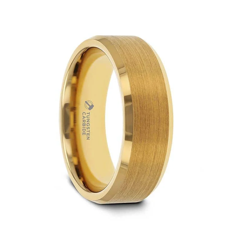 Ladies matte elegance rings -Thorsten HONOR Gold-Plated Tungsten Beveled Polished Edges Flat Ring with Brushed Center - 6mm & 8mm