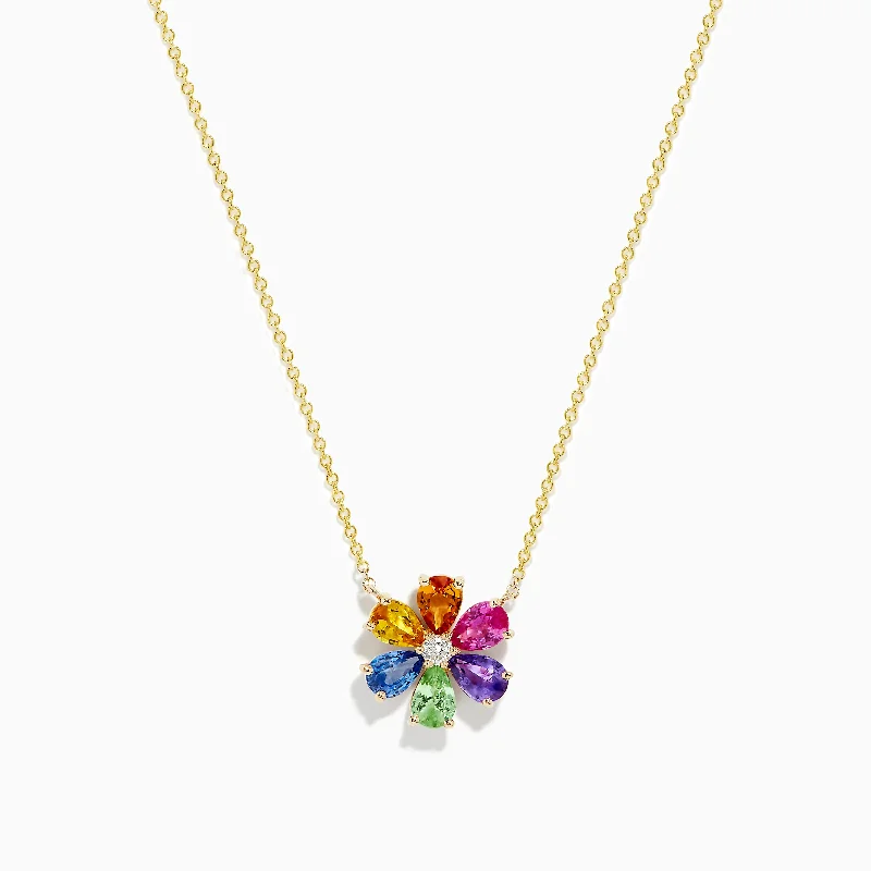 Ladies Necklaces with Cyan Euclase-Watercolors 14K Gold Multi Sapphire and Diamond Flower Necklace