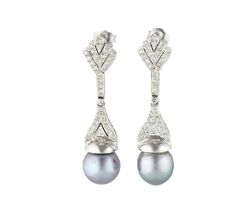 Ladies adjustable gleam earrings -10.5MM Black Tahitian Pearl and 1.00ctw Diamond Dangle Earrings in 18K