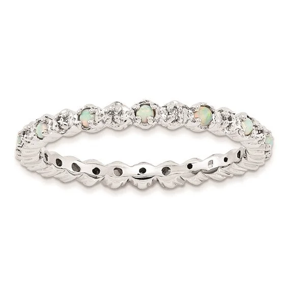 Ladies birthday charm rings -Sterling Silver Stackable Expressions Created Opal & Diamond Eternity Ring