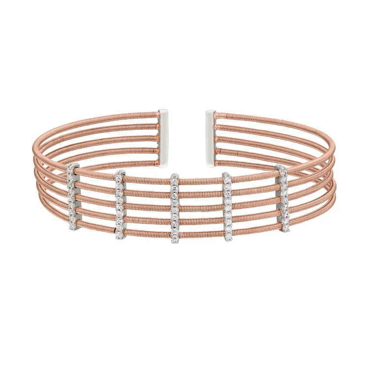 bohemian style bracelets for women -Rose Gold Finish Sterling Silver Multi Cable Cuff Bracelet with Rhodium Finish Simulated Diamond Vertical Bars