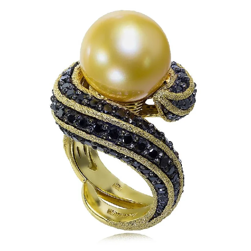 Ladies holiday cheer rings -Gold Twist Ring With Golden Pearl & Diamonds