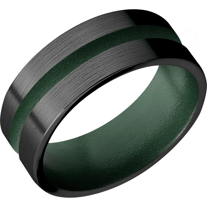 Ladies nostalgic retro rings -8mm wide Flat Black Zirconium Ring with Satin Finish / One 2mm Centered Eastern Green Cerakote Inlay / Eastern Green Cerakote Sleeve