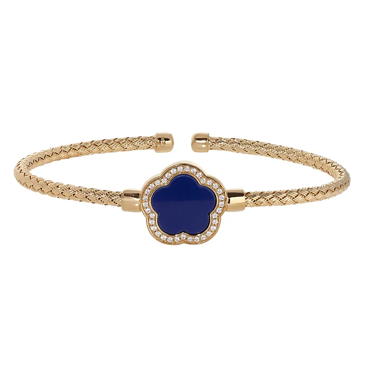 stylish silver bracelets for women online -Gold Finish Sterling Silver Basketweave Cable Cuff  Bracelet with a Flower Shaped Navy Stone and Simulated Diamonds