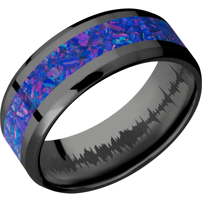 Ladies lavish gold rings -8mm wide Beveled Black Titanium Ring with Polish Finish / One 4mm Centered Purple Opal Inlay / None Interior Pattern