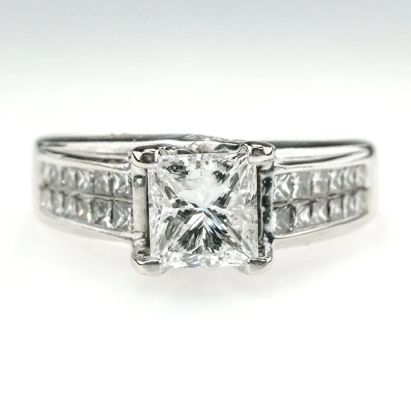 Ladies matte elegance wedding rings -1.00ct I1/I Princess Diamond & Side Accents Engagement Ring in 14K White Gold