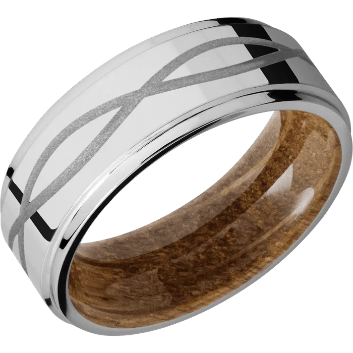 Ladies radiant Swarovski rings -8mm wide Flat Grooved Edges Palladium Silver Ring with Polish Finish / Infinity Design and Crushed Silver Cerakote Accents / Whiskey Barrel Sleeve