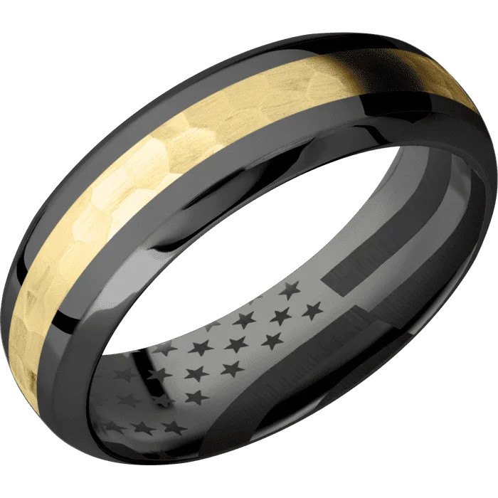 Ladies polished elegance rings -7mm wide Domed Bevel Black Titanium Ring with Polish Finish / One 3mm Centered 18k Yellow Gold Inlay with Hammer Finish / None Interior Pattern