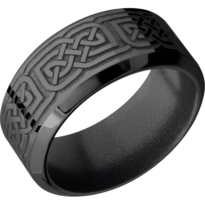 Ladies hexagonal flash rings -10mm wide High Bevel Black Titanium Ring with Polish Finish / Celtic 17 Design and Gun Metal Grey Cerakote Accents / Dark Grey Cerakote Sleeve