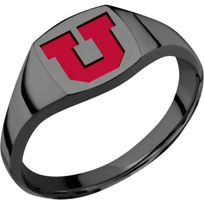 Ladies vibrant fashion rings -Cushion Black Zirconium Signet Ring / Polish Ring Finish and Polish Signet Finish / Utah Block U Design with Utah Red Cerakote / Size 8.5