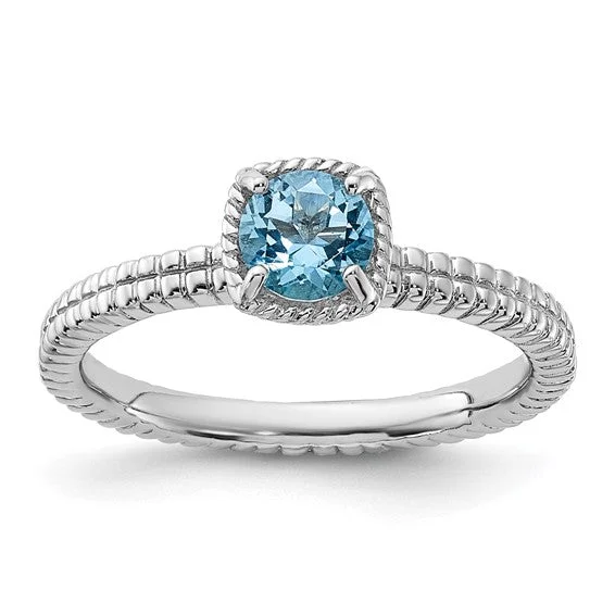 Ladies trendy vibe rings -Sterling Silver Stackable Expressions Blue Topaz Cushion Ring