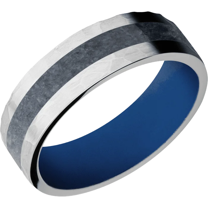 Ladies single hue rings -7mm wide Flat Cobalt Chrome Ring with Hammer Finish / One 3mm Centered Blue Sapphire Inlay / Royal Blue Cerakote Sleeve