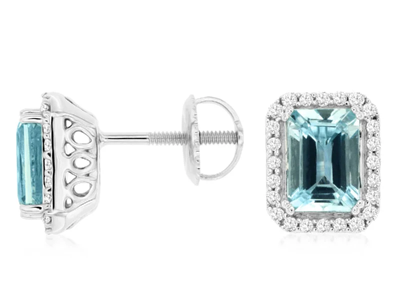 Ladies nostalgic retro earrings -14K White Gold Emerald Cut Aquamarine Diamond Halo Stud Earrings