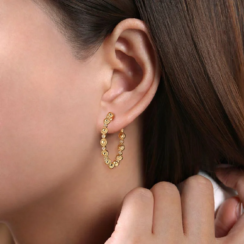 Ladies standout bold earrings -Gabriel & Co. - EG14498Y45JJ - 14K Yellow Gold 30mm Diamond Bujukan Hoop Earrings