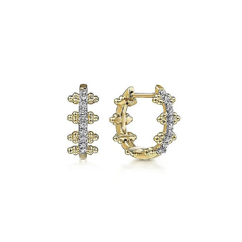 Ladies rustic charm earrings -Gabriel & Co. 14k Yellow Gold Beaded Pave Diamond Huggie Hoop Earrings