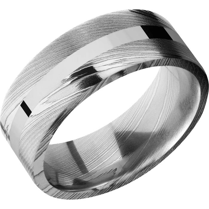 Ladies seaside shell rings -8mm wide Flat Damascus Steel Ring with Polish Damascus Finish / One 2mm Centered 14k White Gold Inlay with Polish Finish