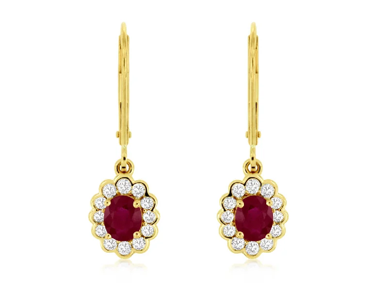 Ladies legacy charm earrings -14K Yellow Gold Oval Ruby and Diamond Halo Drop Earrings