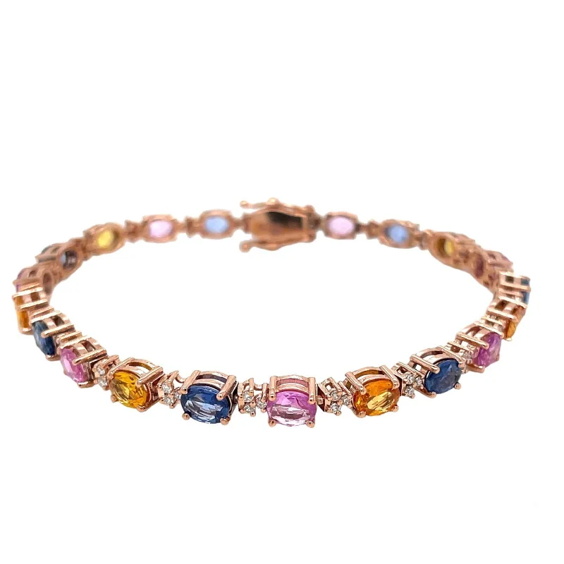 rose gold cross bracelets for women -CTW 11 Natural Multicolor Sapphire Diamond Rose Gold Link Bracelet