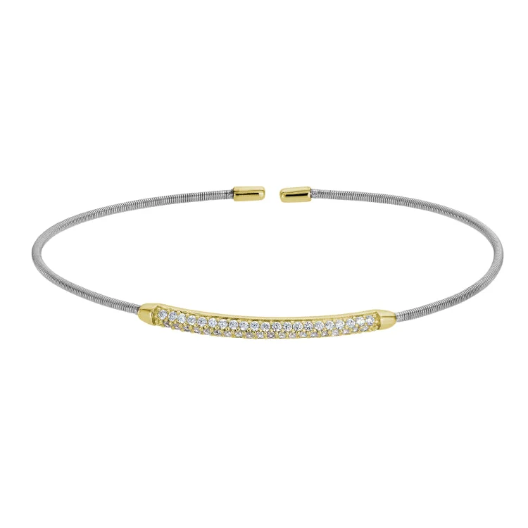 ladies yellow gold bracelets beads -Rhodium Finish Sterling Silver Single Cable Cuff Bracelet with Gold Finish Double Row Simulated Diamonds