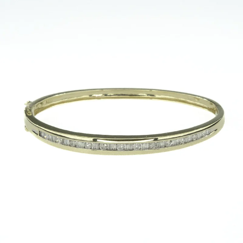 delicate bracelets for women small wrists -1.80ctw Round & Baguette Diamond Bangle 6.75" Bracelet in 10K Yellow Gold