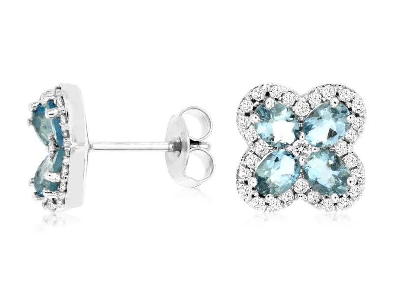 Ladies deco elegance earrings -14K White Gold Oval Aquamarine Diamond Clover Stud Earrings