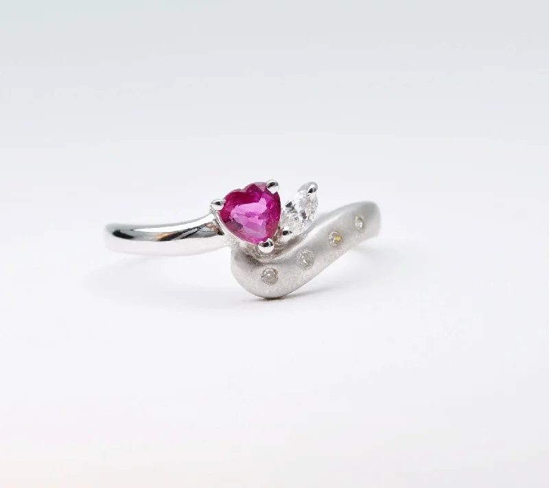 Ladies engraved sentiment rings -18K White Gold ring with one heart-shaped Ruby and Marquise-shaped Diamond