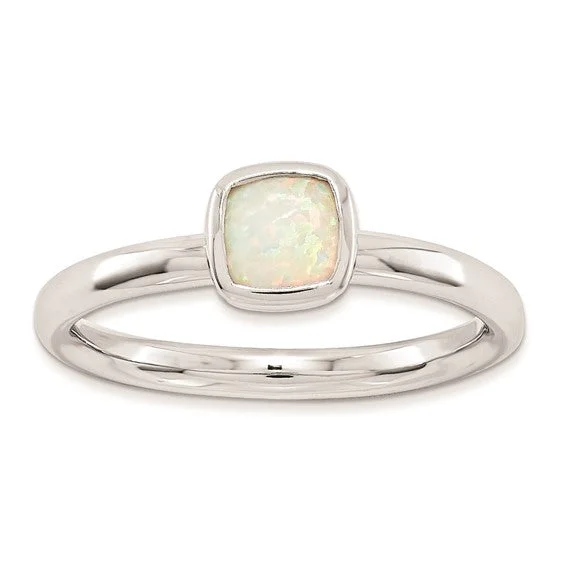 Ladies vivid gem rings -Sterling Silver Stackable Expressions Cushion Cut Created Opal Ring