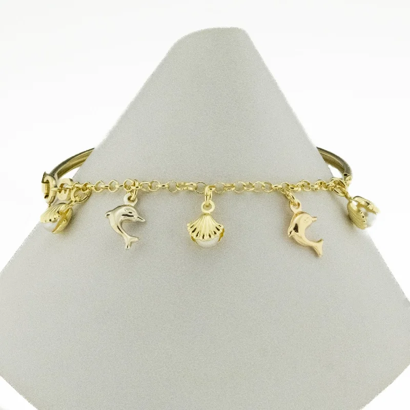 minimalist curve bracelets for women -Sea Life Pearl 7" Bangle Bracelet in 18K Tri -one Gold