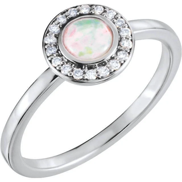 Ladies eye-catching bold rings -14k White Rose or Yellow Gold Bezel Round Genuine Australian Opal & Diamond Halo Ring