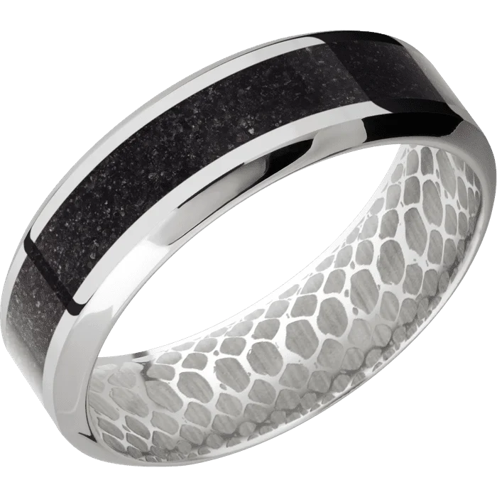 Ladies hefty gleam rings -7mm wide High Bevel Platinum Ring with Polish Finish / One 3mm Centered Black Dinosaur Bone Inlay / None Interior Pattern