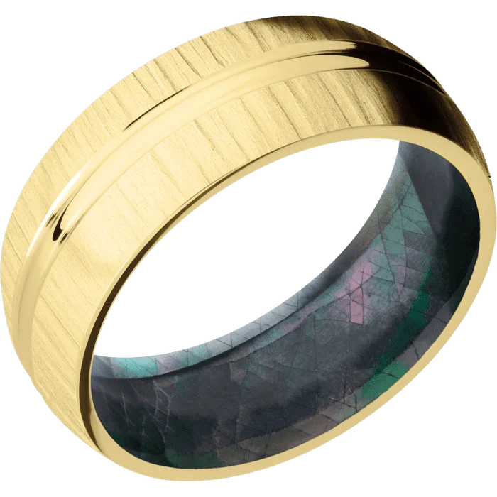 Ladies eternal infinity rings -8mm wide Domed Center Round 14k Yellow Gold Ring with Treebark 1 Finish / Black Mother of Pearl Sleeve