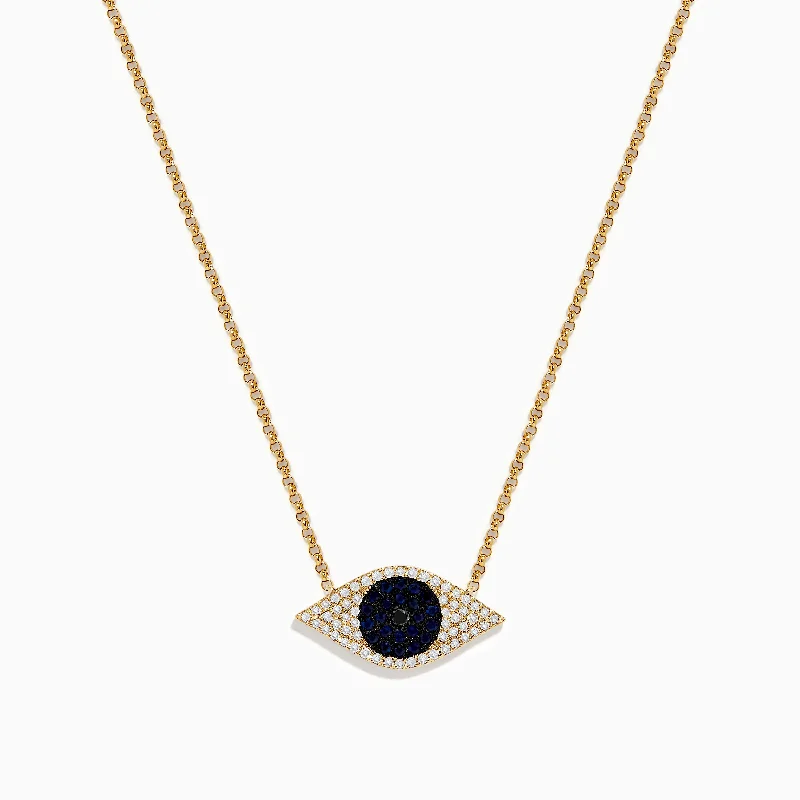 Ladies Necklaces Open Shine-Novelty 14K Yellow Gold Blue Sapphire and Diamond Evil Eye Necklace