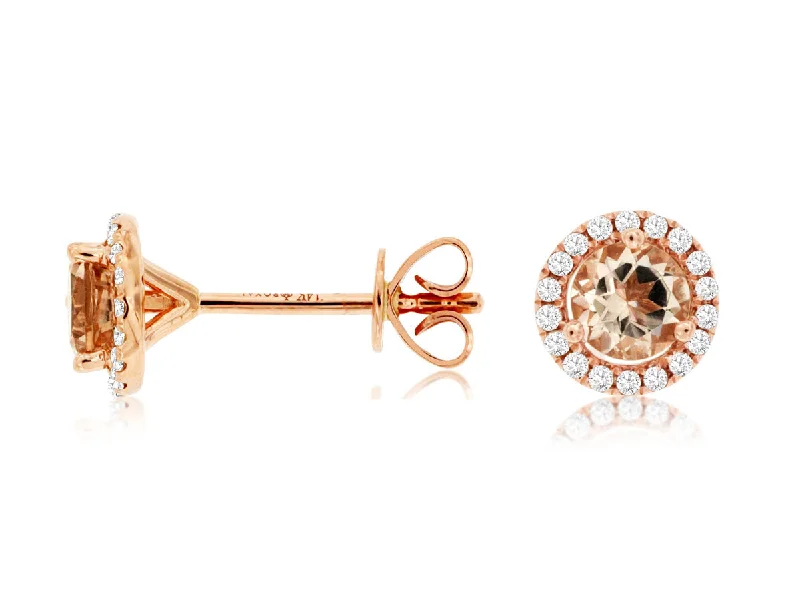 Ladies smooth ceramic earrings -14K Rose Gold Round Morganite Diamond Halo Stud Earrings