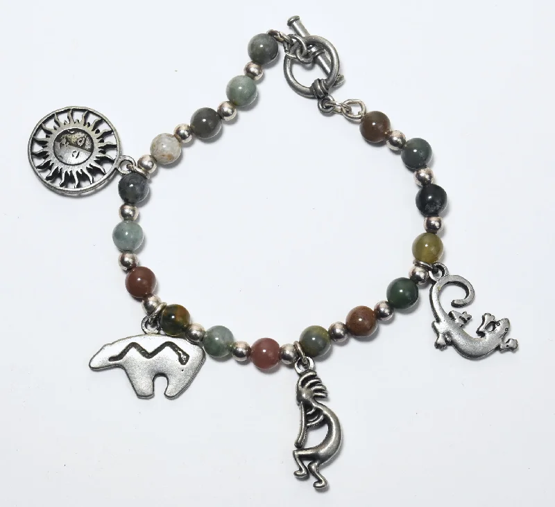 ladies sterling silver bracelets with stones -Moss Agate, Jade, Jaspers and More Beaded Bracelet with Southwestern Design Charms