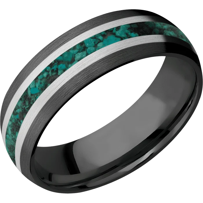 Ladies spirited boho rings -7mm wide Domed Black Titanium Ring with Satin Finish / One 4mm Centered Palladium Silver Inlay with Satin Finish / One 2mm Centered Chrysocolla Inlay