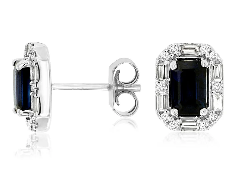 Ladies tribal rhythm earrings -14K White Gold Emerald Cut Sapphire with Baguette/Diamond Halo Stud Earrings