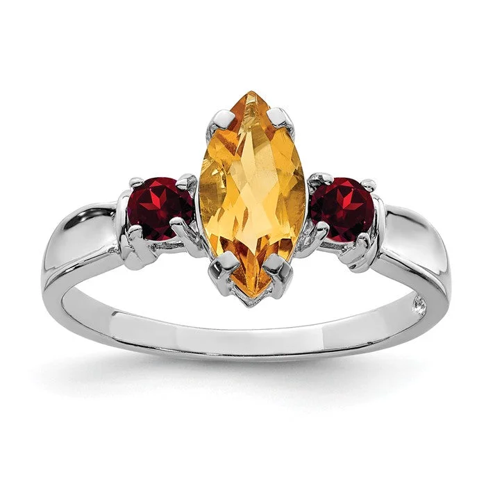 Ladies vibrant fashion rings -Sterling Silver Marquise Citrine And Garnet Ring