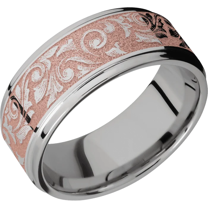 Ladies resin craft rings -9mm wide Flat Grooved Edges Titanium Ring with Polish Finish / Western Scroll Design and Rose Gold Cerakote Accents